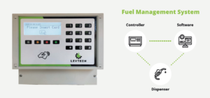 Levtech Fuel Management System device with keypad and RFID reader, showing system architecture with controller, software, and dispenser integration.